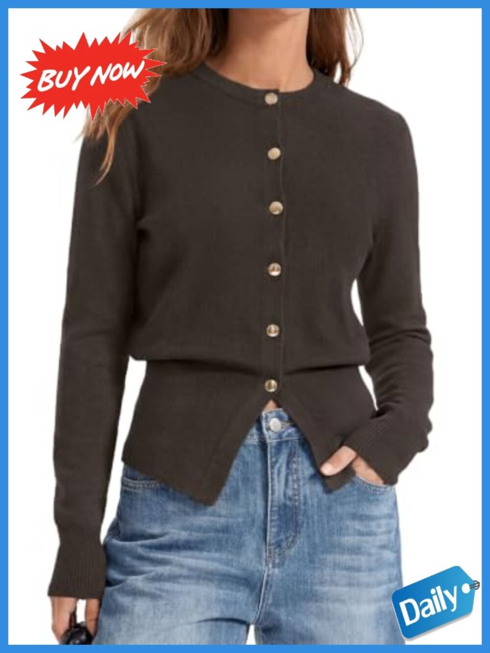 Womens Knit Cardigan Sweater Button Down Long Sleeve Crew Neck Fitted Fall Layer